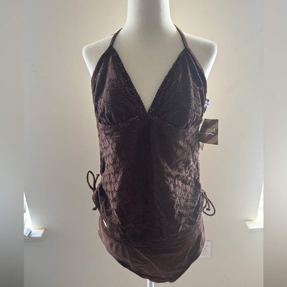 NWT - Via Marina - Brown and Purple Lined Eyelet Tankini- Size XL